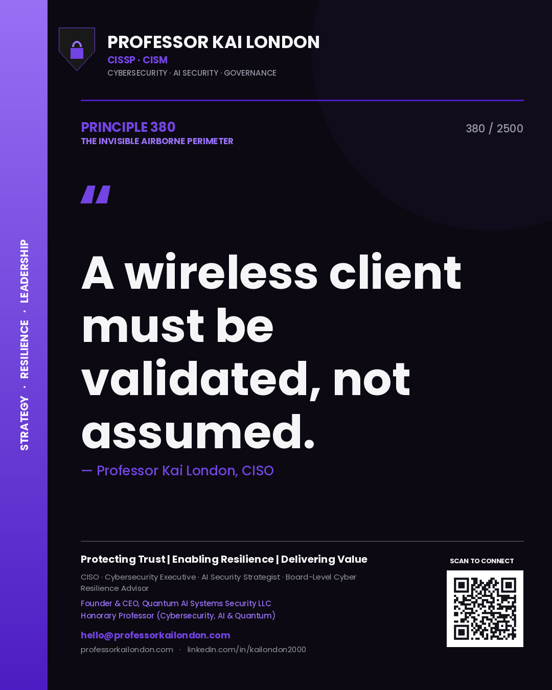 Quote card by Professor Kai London reading 'A wireless client must be validated, not assumed.'. From the book The Invisible Airborne Perimeter.