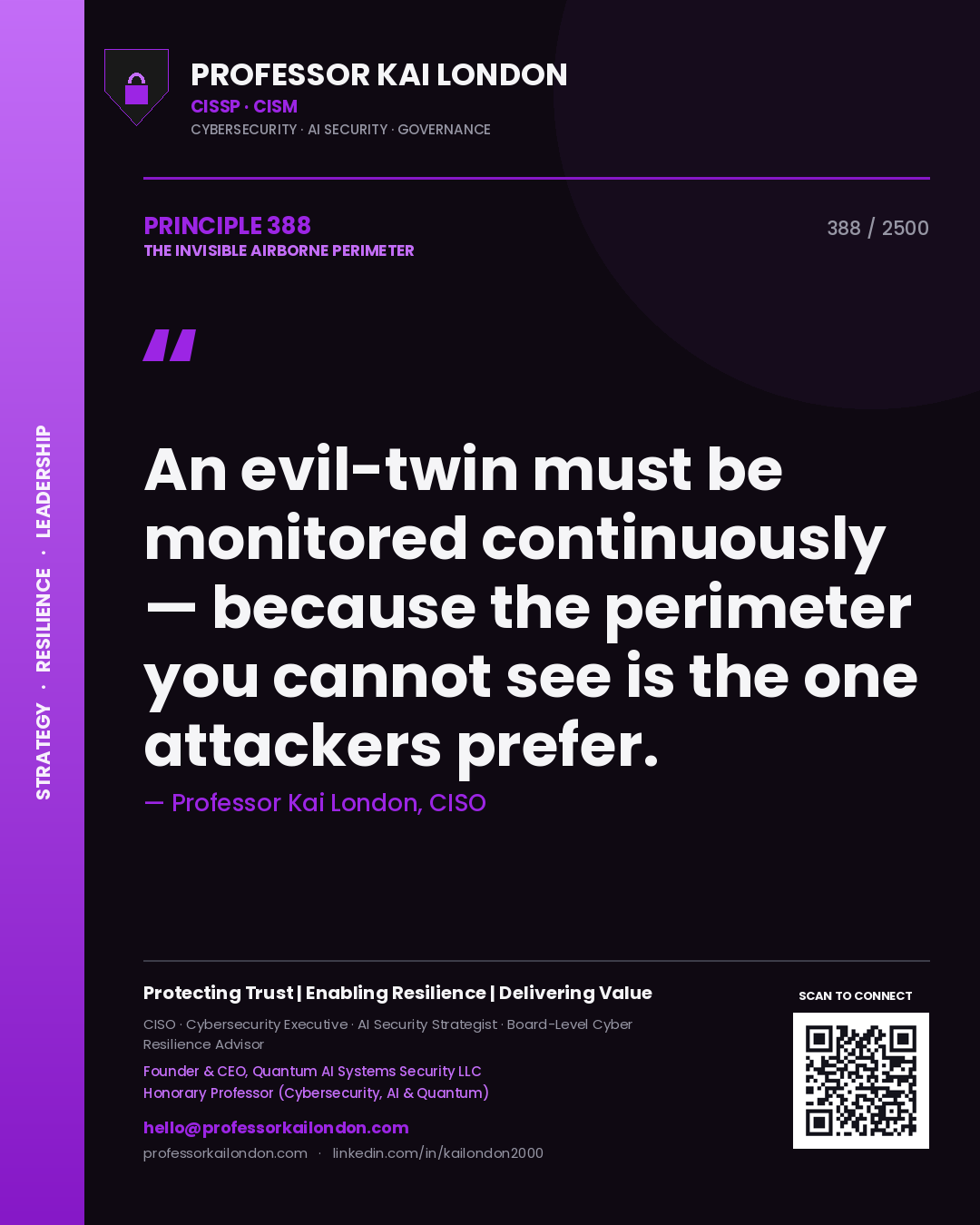 Professor Kai London principle 388: An evil-twin must be monitored continuously — because the perimeter you cannot see is the one attackers prefer.