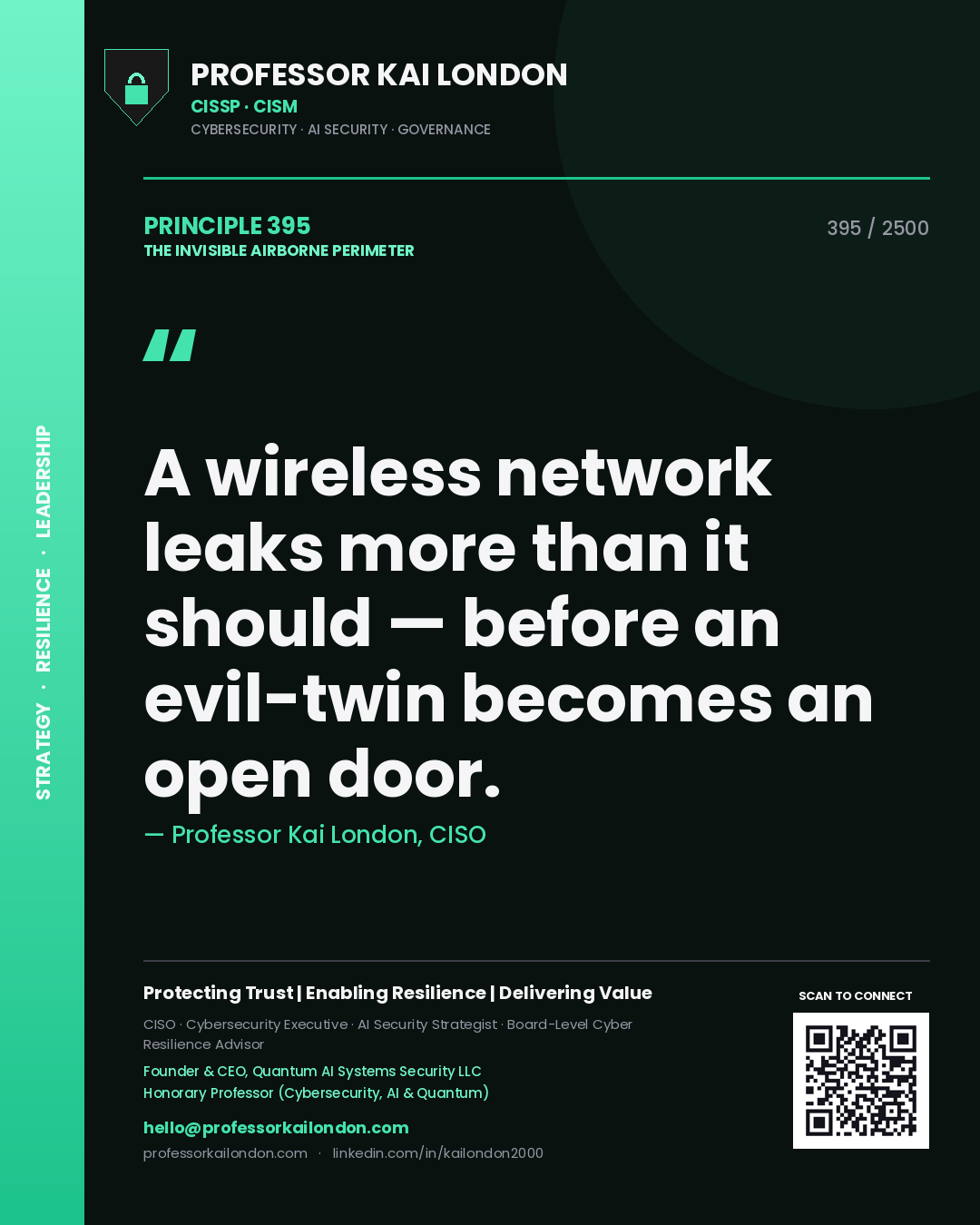 Professor Kai London principle 395: A wireless network leaks more than it should — before an evil-twin becomes an open door.