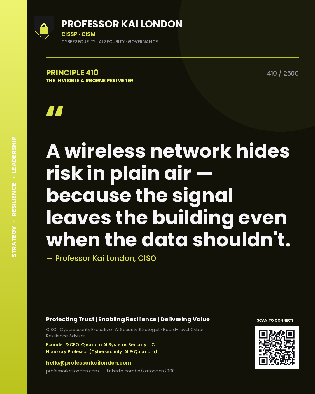 Professor Kai London principle 410: A wireless network hides risk in plain air — because the signal leaves the building even when the data shouldn't.
