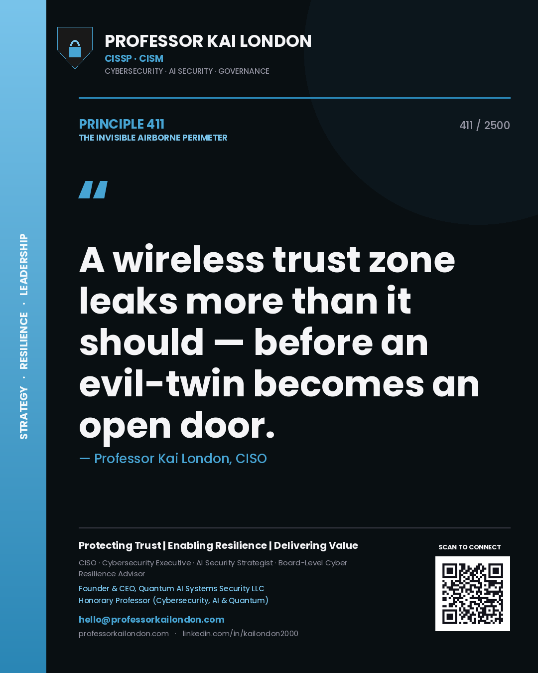 Quote card by Professor Kai London reading 'A wireless trust zone leaks more than it should — before an evil-twin becomes an open door.'. From the book The Invisible Airborne Perimeter.