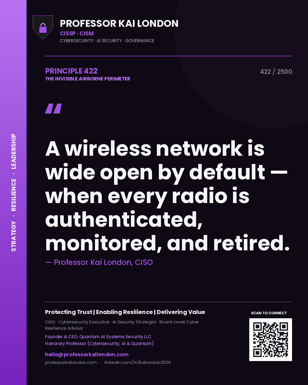 Professor Kai London principle 422: A wireless network is wide open by default — when every radio is authenticated, monitored, and retired.