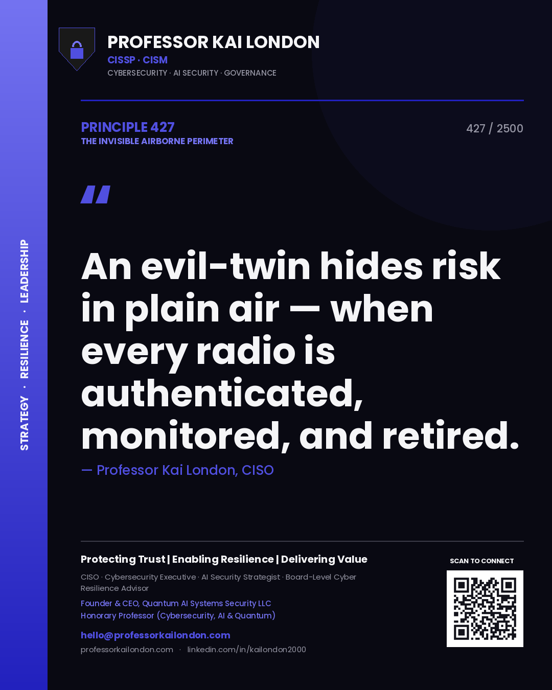 Professor Kai London principle 427: An evil-twin hides risk in plain air — when every radio is authenticated, monitored, and retired.
