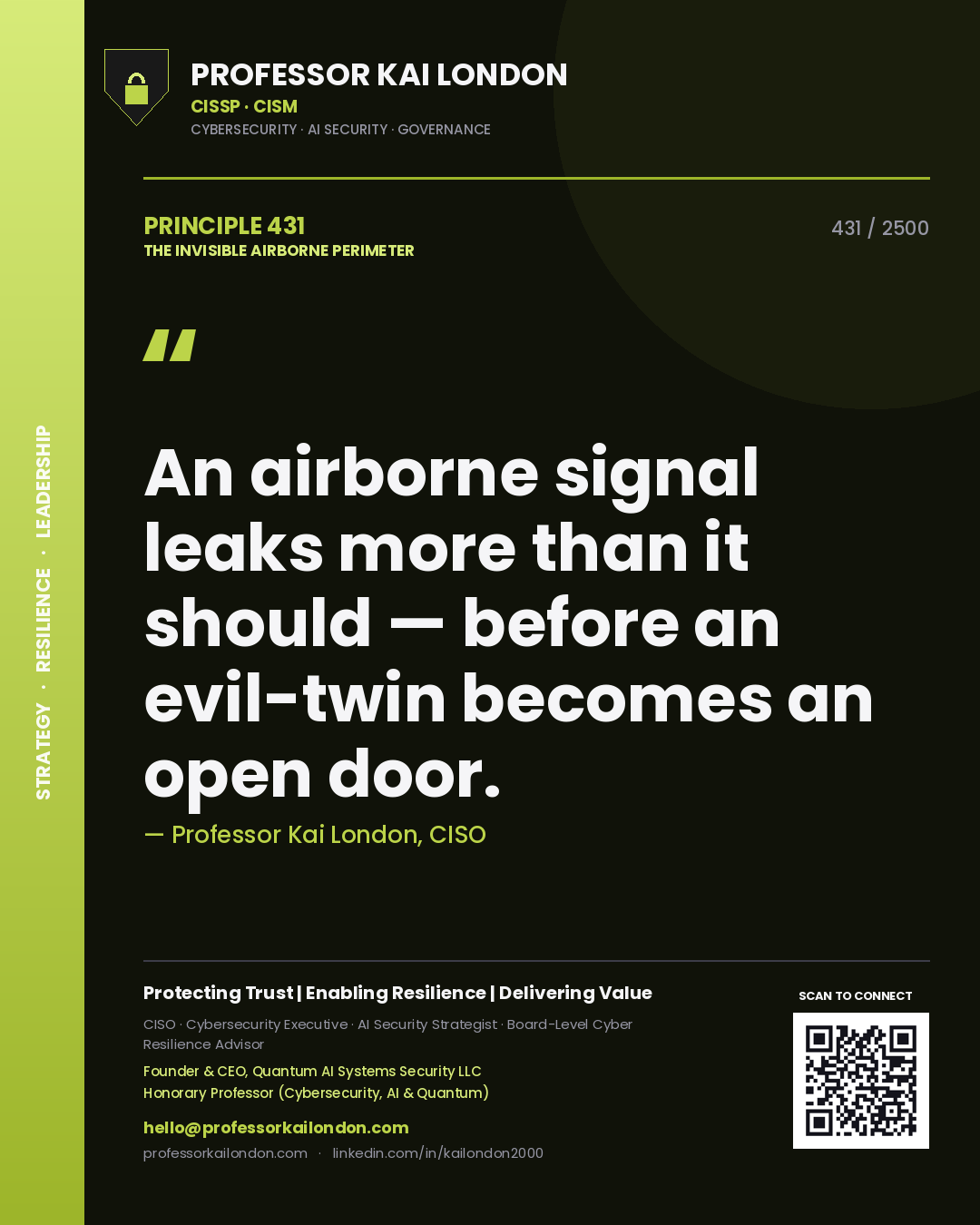 Professor Kai London principle 431: An airborne signal leaks more than it should — before an evil-twin becomes an open door.