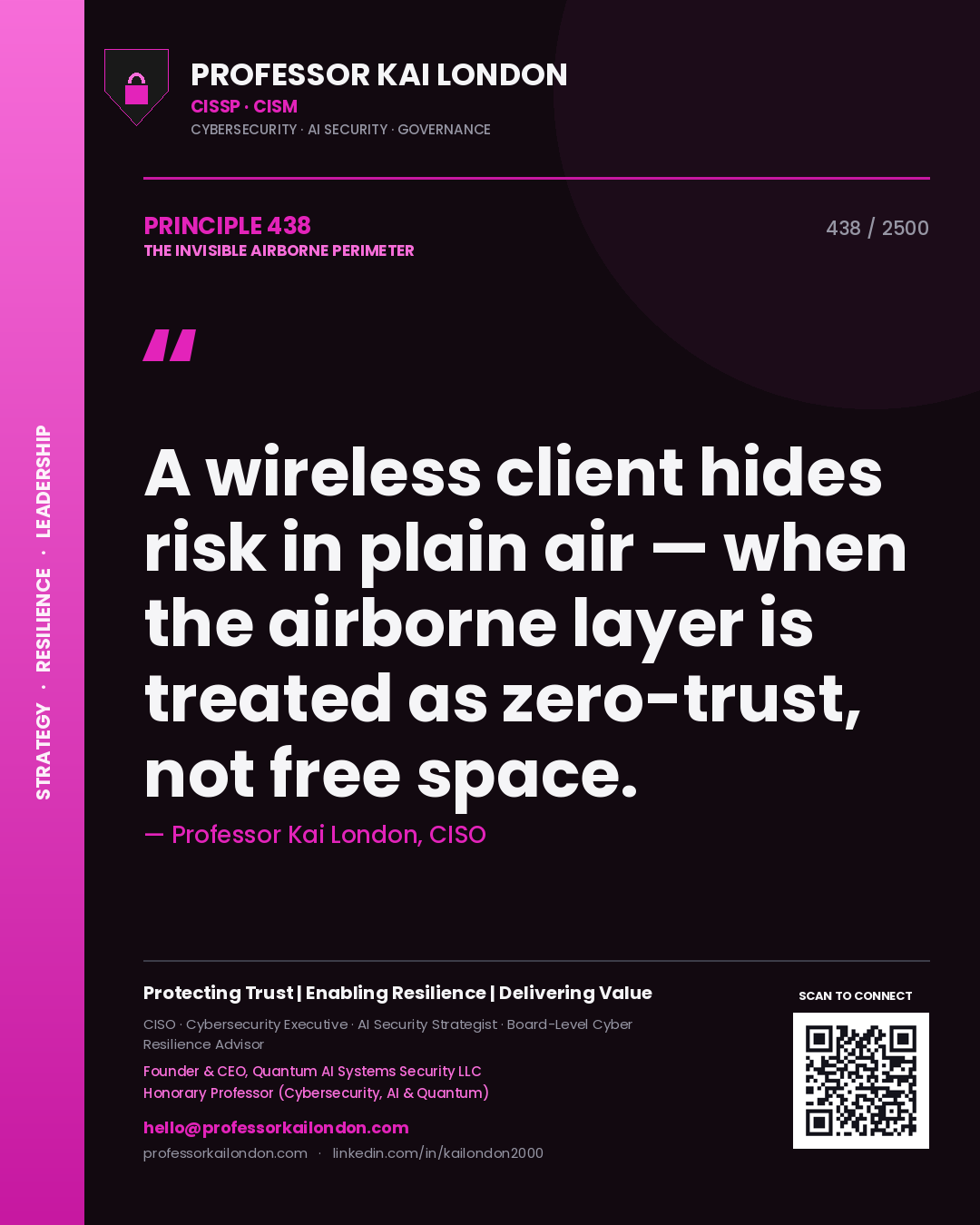 Professor Kai London principle 438: A wireless client hides risk in plain air — when the airborne layer is treated as zero-trust, not free space.