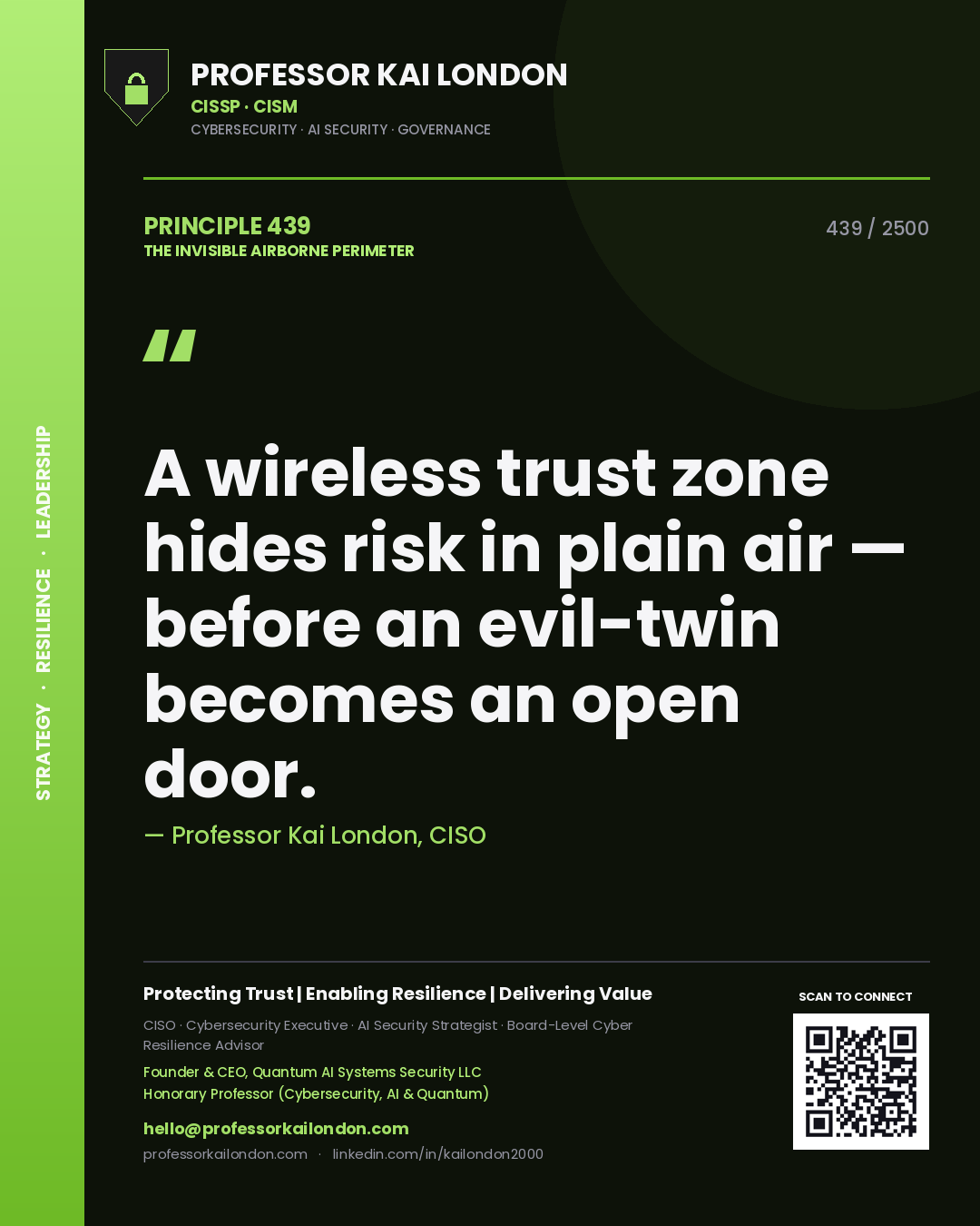 Professor Kai London principle 439: A wireless trust zone hides risk in plain air — before an evil-twin becomes an open door.