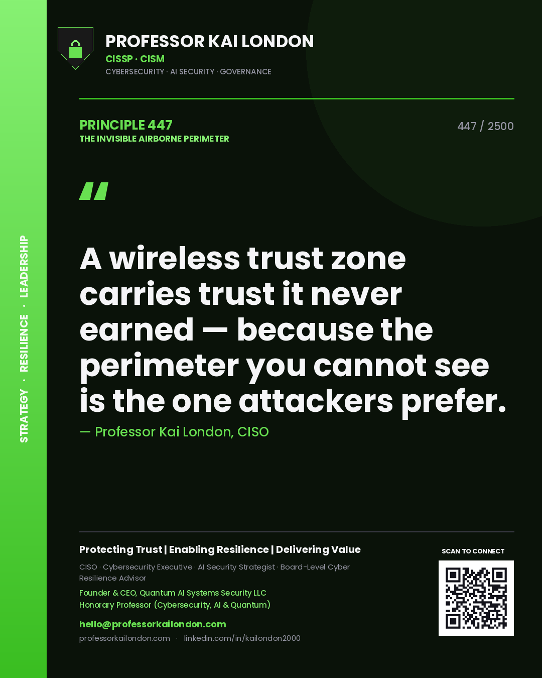 Professor Kai London principle 447: A wireless trust zone carries trust it never earned — because the perimeter you cannot see is the one attackers prefer.