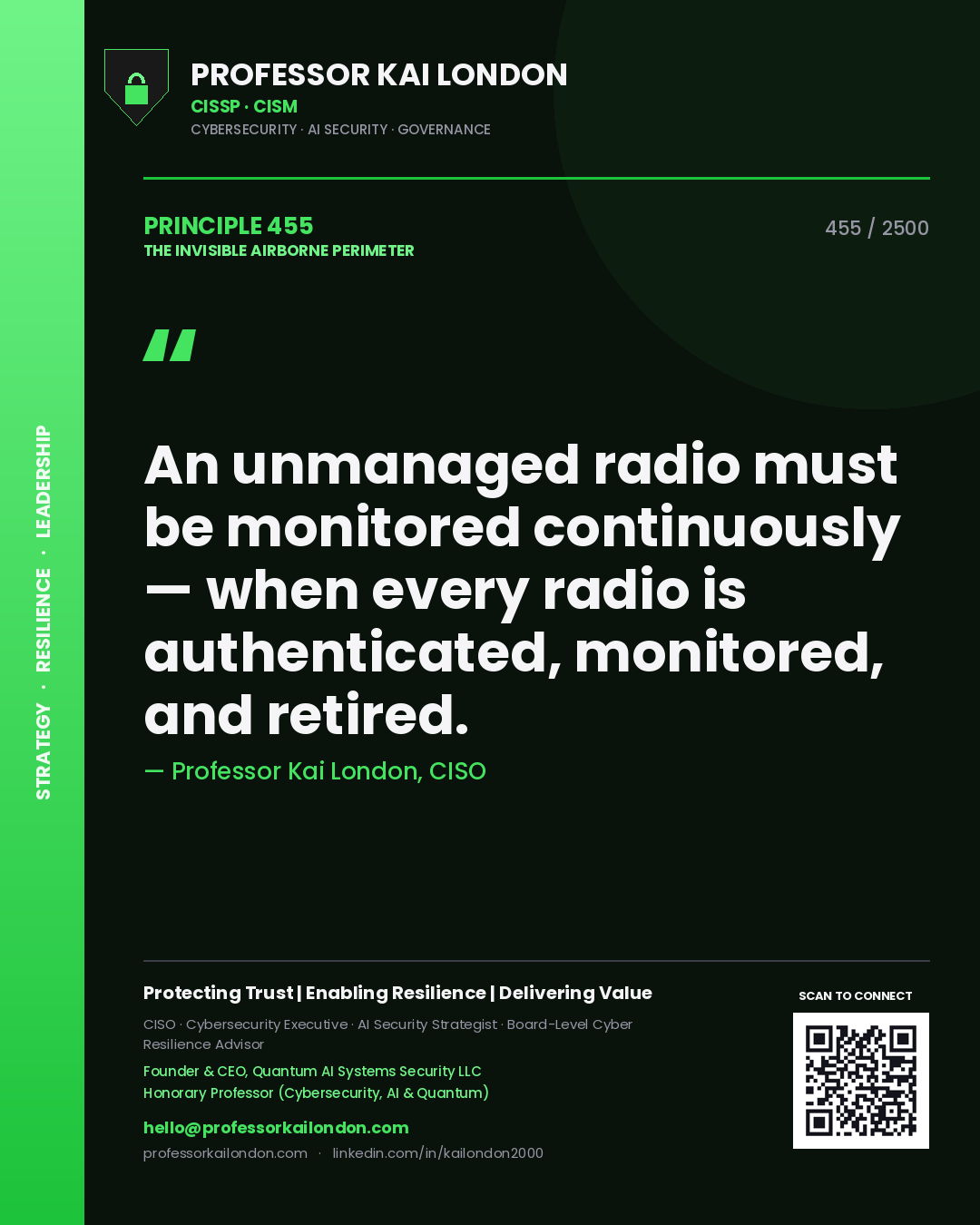 Professor Kai London principle 455: An unmanaged radio must be monitored continuously — when every radio is authenticated, monitored, and retired.