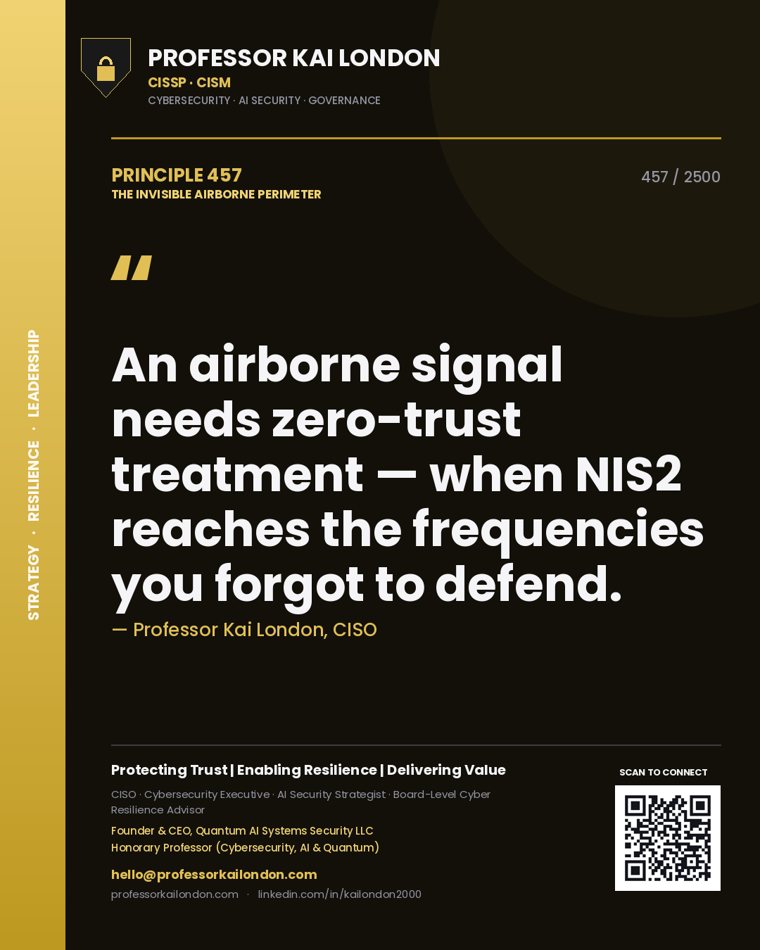 Professor Kai London principle 457: An airborne signal needs zero-trust treatment — when NIS2 reaches the frequencies you forgot to defend.