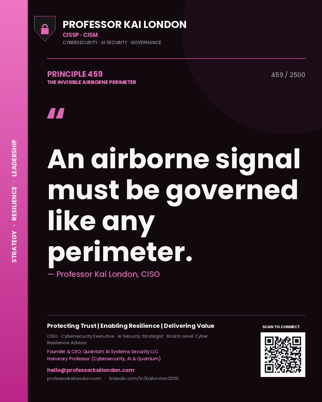 Quote card by Professor Kai London reading 'An airborne signal must be governed like any perimeter.'. From the book The Invisible Airborne Perimeter.