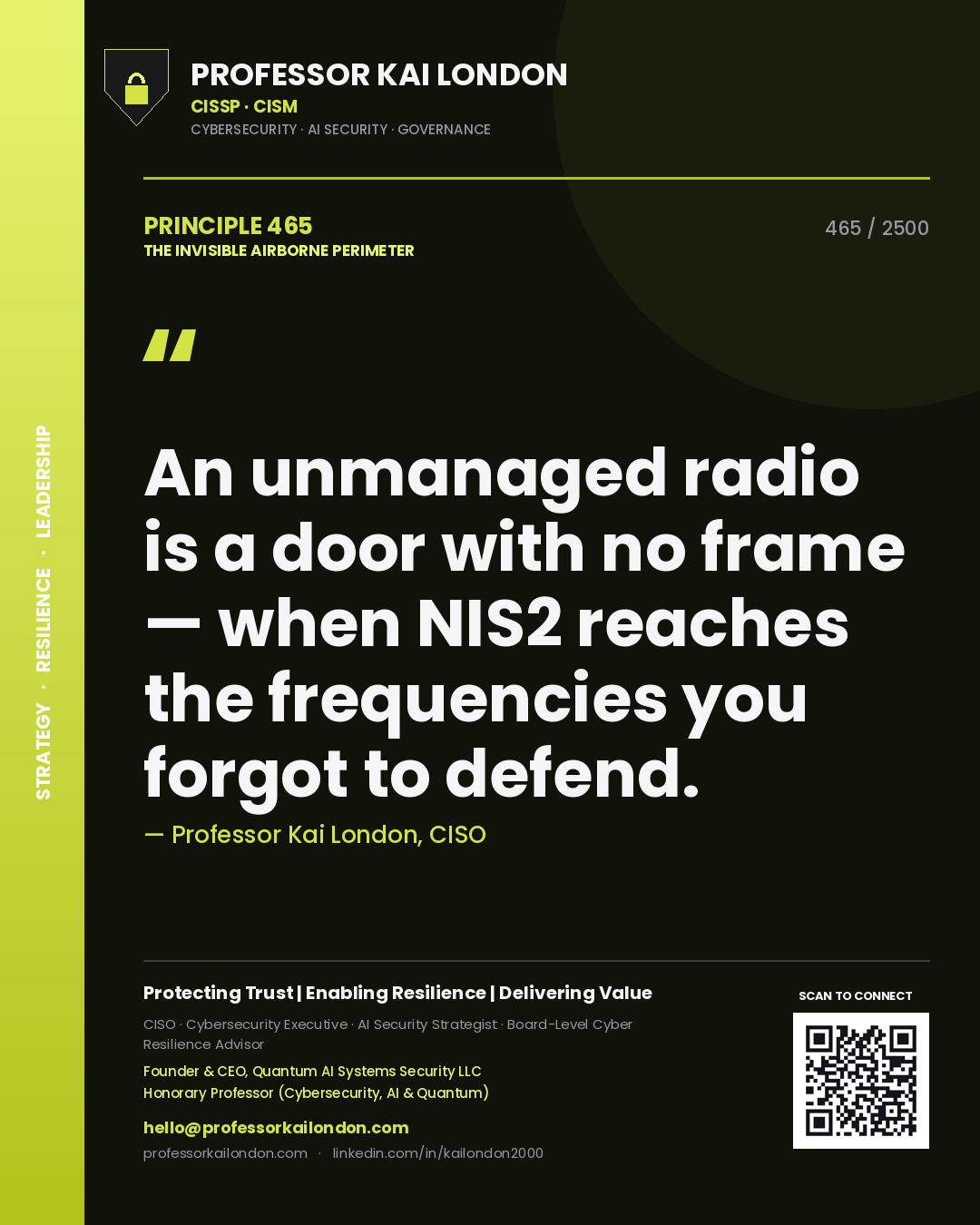 Quote card by Professor Kai London reading 'An unmanaged radio is a door with no frame — when NIS2 reaches the frequencies you forgot to defend.'. From the book The Invisible Airborne Perimeter.