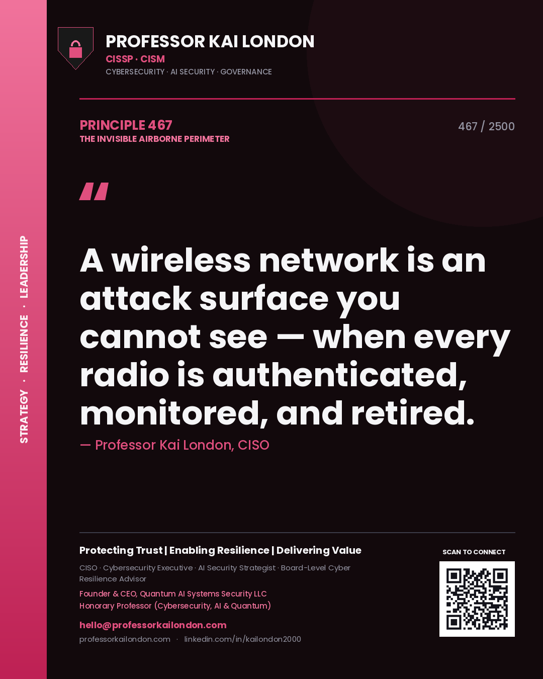 Professor Kai London principle 467: A wireless network is an attack surface you cannot see — when every radio is authenticated, monitored, and retired.