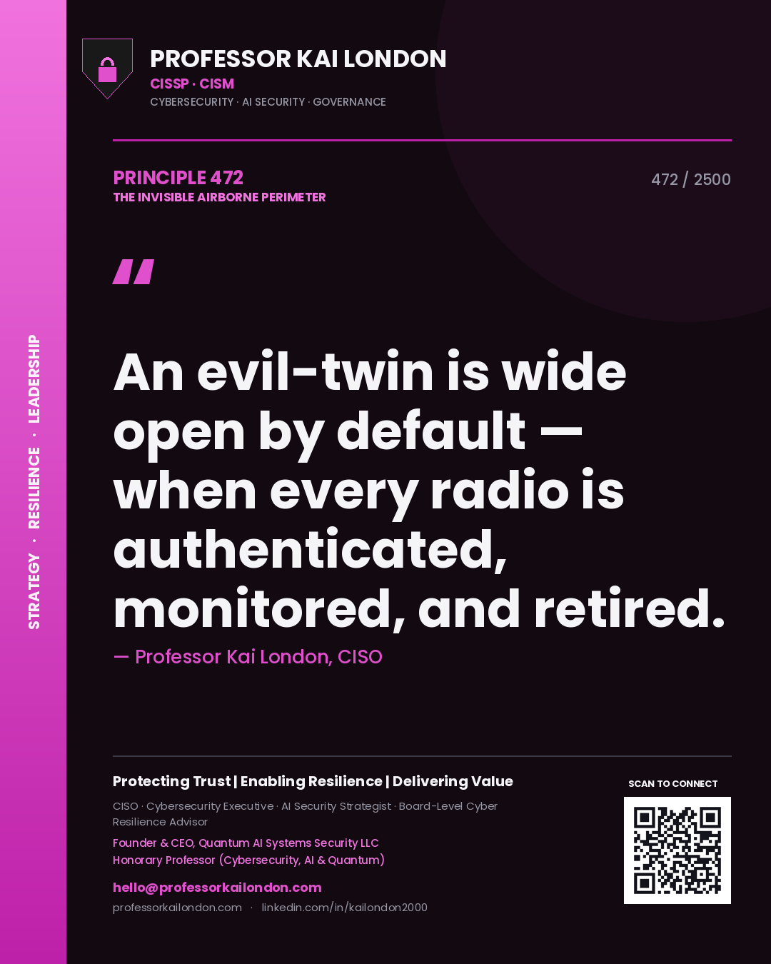 Professor Kai London principle 472: An evil-twin is wide open by default — when every radio is authenticated, monitored, and retired.