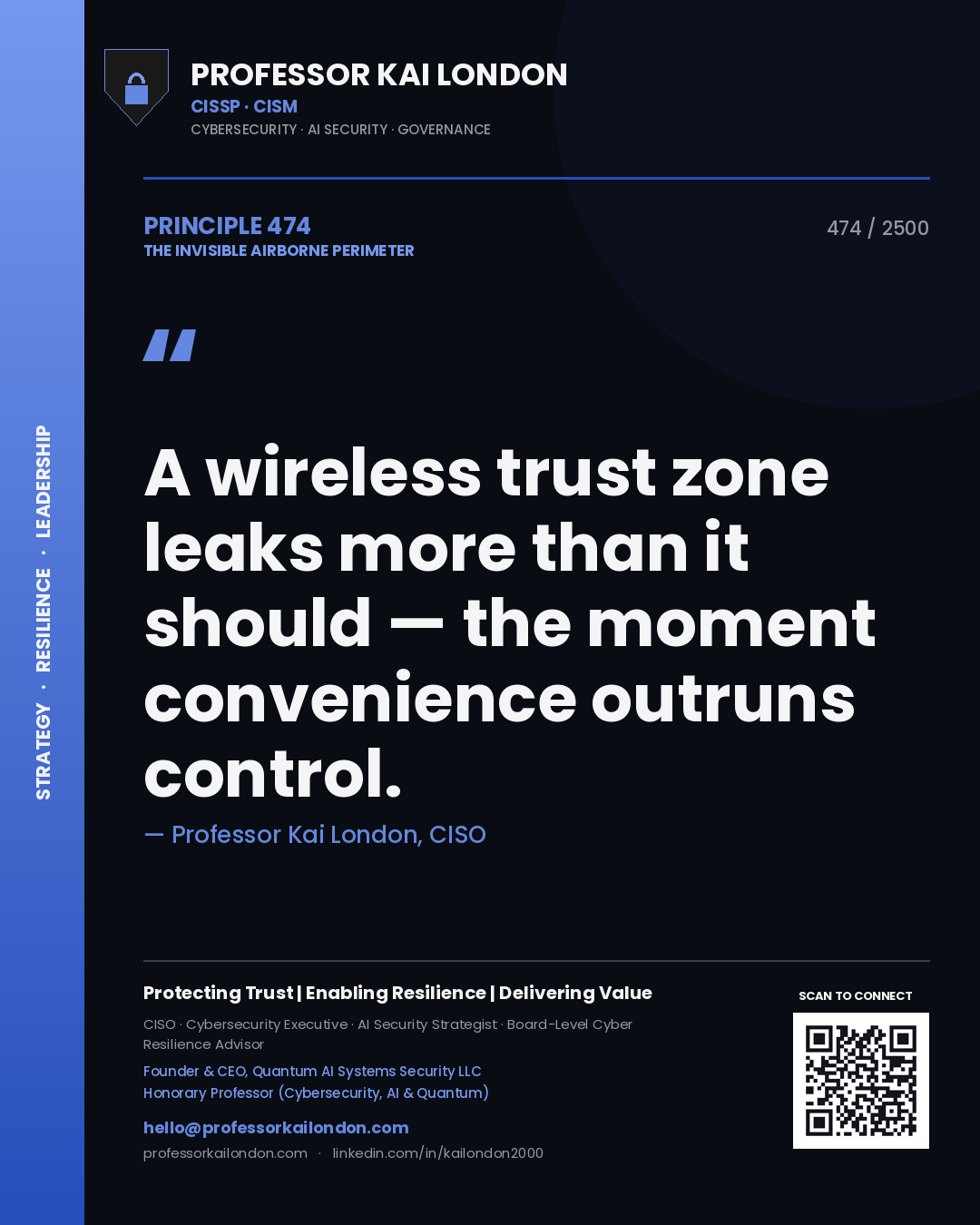 Professor Kai London principle 474: A wireless trust zone leaks more than it should — the moment convenience outruns control.