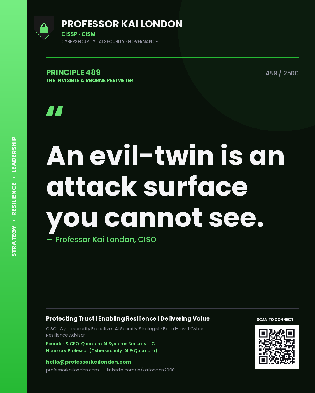 Quote card by Professor Kai London reading 'An evil-twin is an attack surface you cannot see.'. From the book The Invisible Airborne Perimeter.