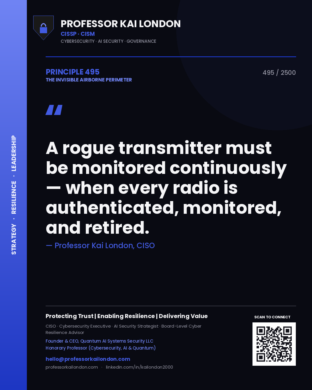 Professor Kai London principle 495: A rogue transmitter must be monitored continuously — when every radio is authenticated, monitored, and retired.
