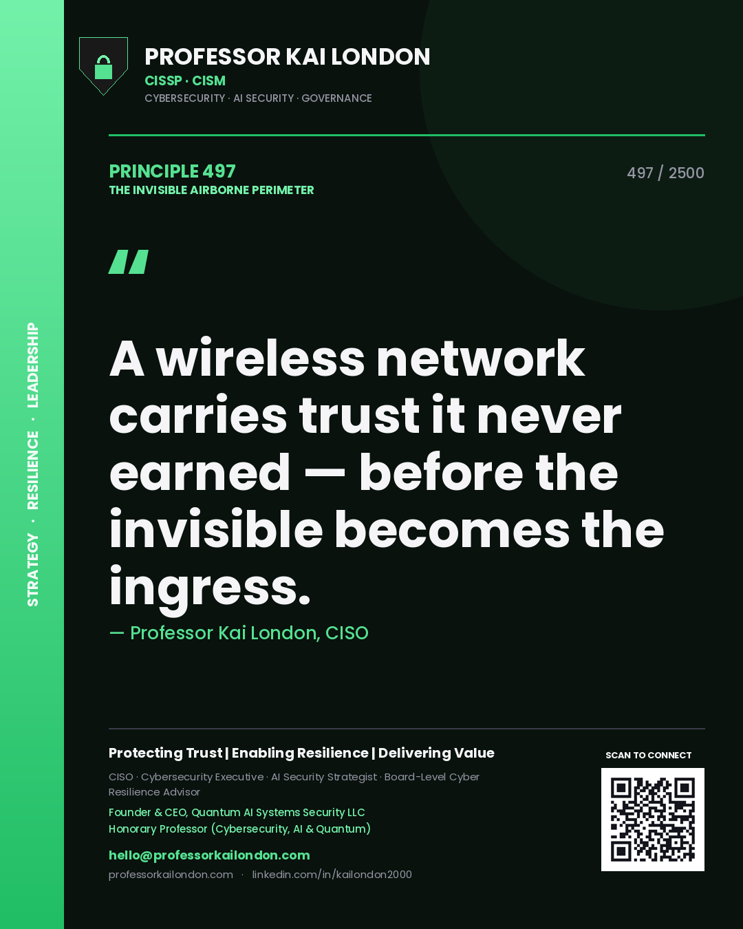 Professor Kai London principle 497: A wireless network carries trust it never earned — before the invisible becomes the ingress.