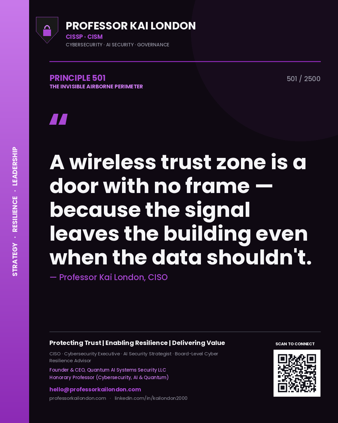 Professor Kai London principle 501: A wireless trust zone is a door with no frame — because the signal leaves the building even when the data shouldn't.