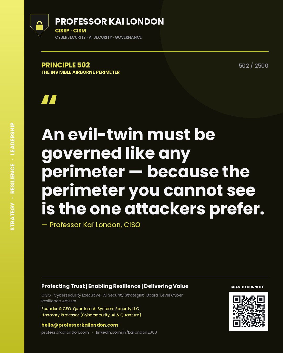 Professor Kai London principle 502: An evil-twin must be governed like any perimeter — because the perimeter you cannot see is the one attackers prefer.