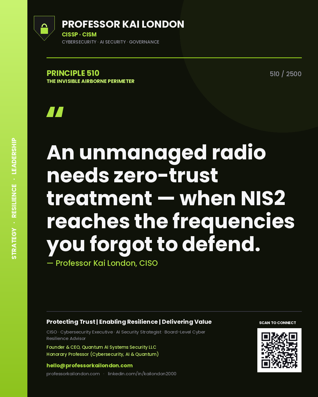 Professor Kai London principle 510: An unmanaged radio needs zero-trust treatment — when NIS2 reaches the frequencies you forgot to defend.
