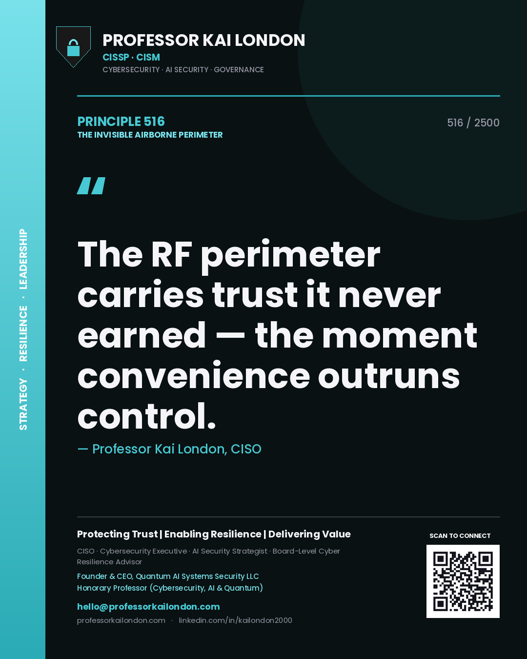 Professor Kai London principle 516: The RF perimeter carries trust it never earned — the moment convenience outruns control.