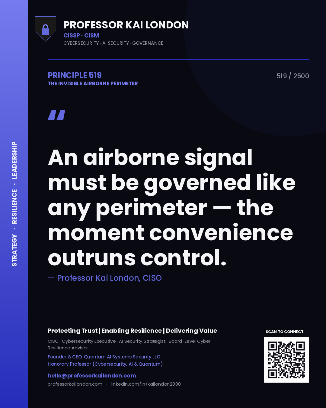 Quote card by Professor Kai London reading 'An airborne signal must be governed like any perimeter — the moment convenience outruns control.'. From the book The Invisible Airborne Perimeter.