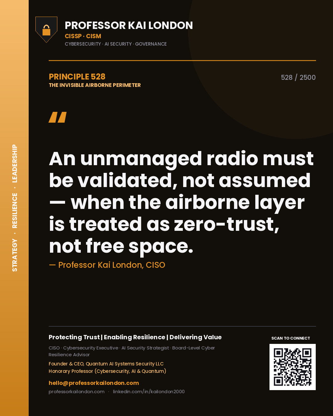 Professor Kai London principle 528: An unmanaged radio must be validated, not assumed — when the airborne layer is treated as zero-trust, not free space.