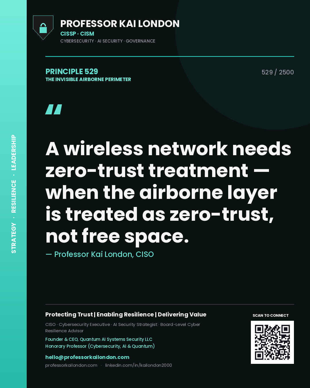 Professor Kai London principle 529: A wireless network needs zero-trust treatment — when the airborne layer is treated as zero-trust, not free space.