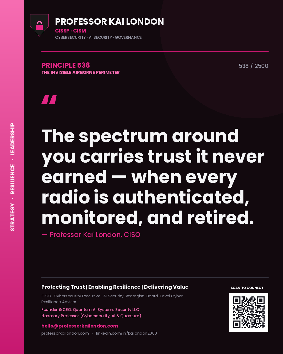 Professor Kai London principle 538: The spectrum around you carries trust it never earned — when every radio is authenticated, monitored, and retired.