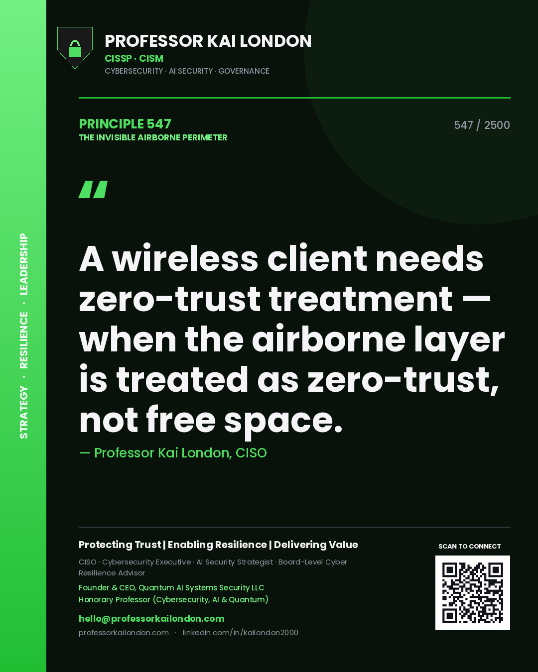 Professor Kai London principle 547: A wireless client needs zero-trust treatment — when the airborne layer is treated as zero-trust, not free space.