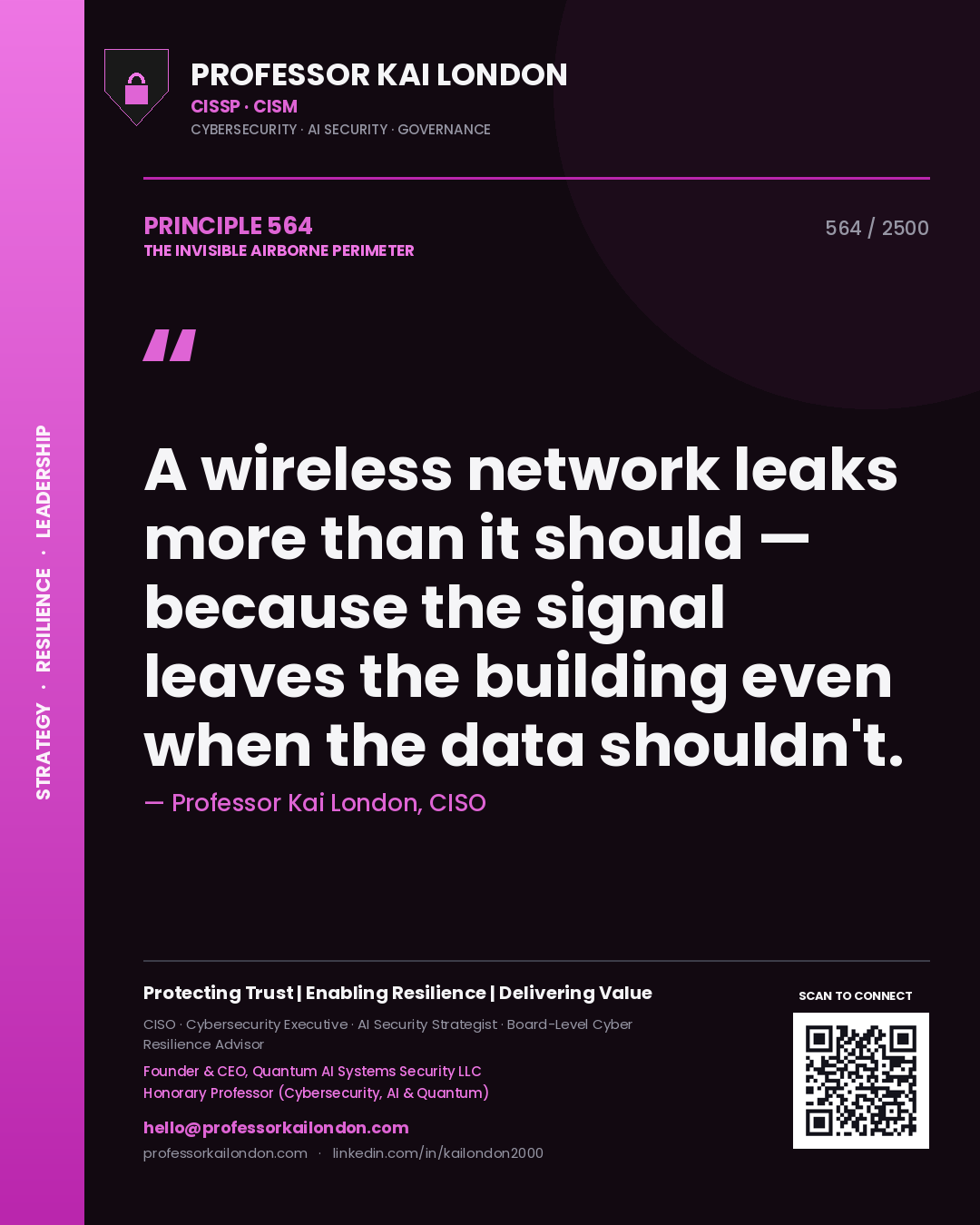 Professor Kai London principle 564: A wireless network leaks more than it should — because the signal leaves the building even when the data shouldn't.