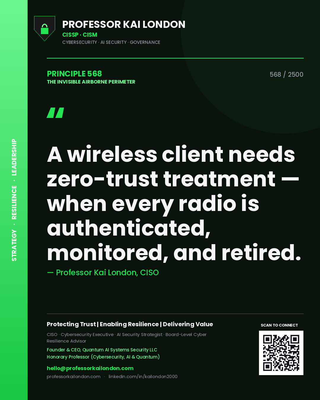Quote card by Professor Kai London reading 'A wireless client needs zero-trust treatment — when every radio is authenticated, monitored, and retired.'. From the book The Invisible Airborne Perimeter.