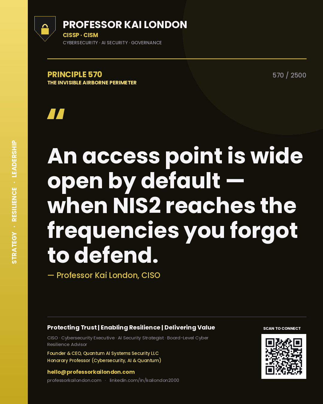 Quote card by Professor Kai London reading 'An access point is wide open by default — when NIS2 reaches the frequencies you forgot to defend.'. From the book The Invisible Airborne Perimeter.