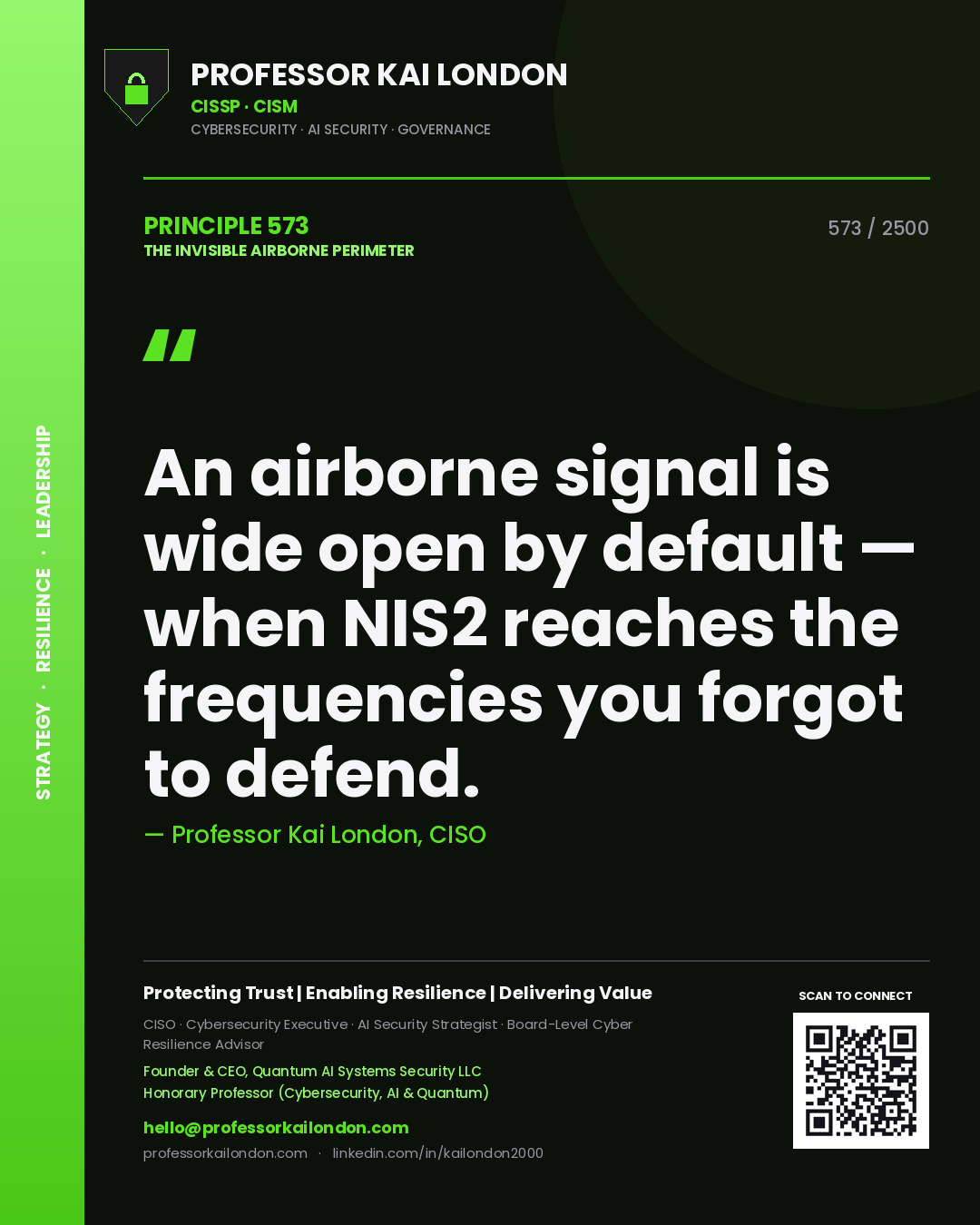 Quote card by Professor Kai London reading 'An airborne signal is wide open by default — when NIS2 reaches the frequencies you forgot to defend.'. From the book The Invisible Airborne Perimeter.