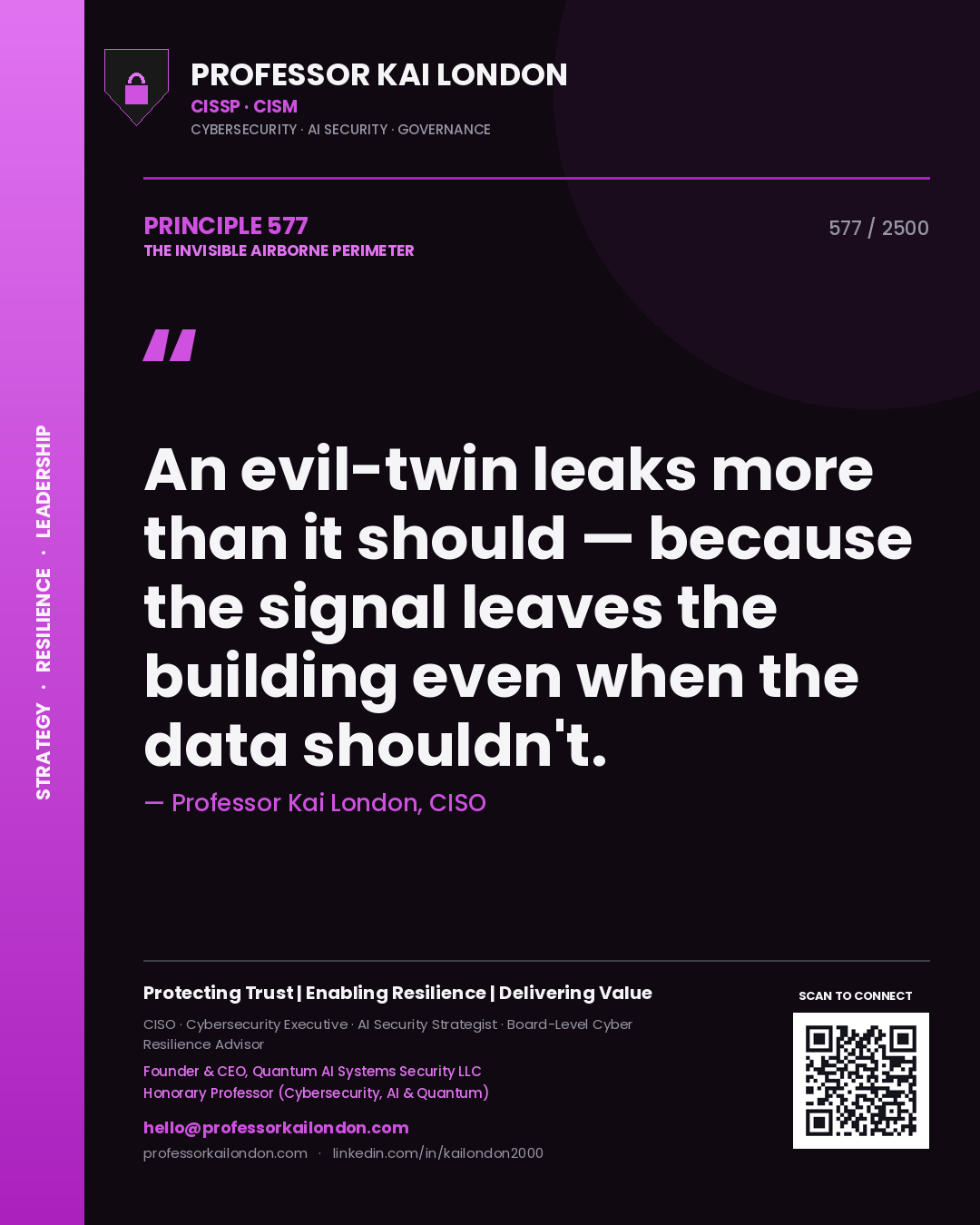 Professor Kai London principle 577: An evil-twin leaks more than it should — because the signal leaves the building even when the data shouldn't.