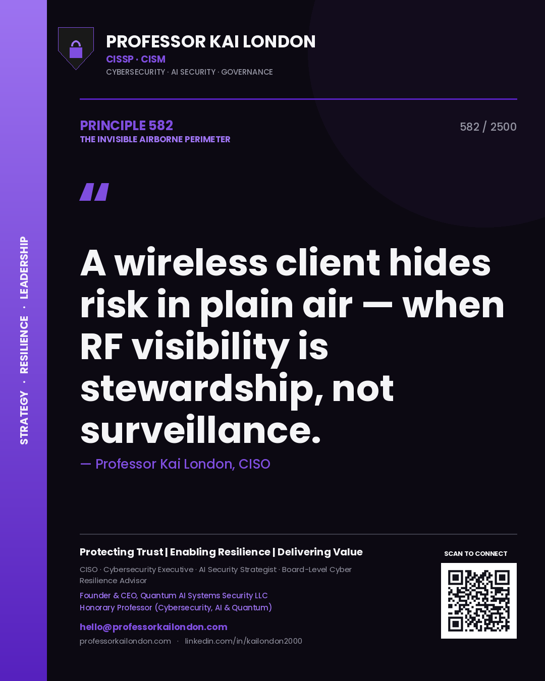 Quote card by Professor Kai London reading 'A wireless client hides risk in plain air — when RF visibility is stewardship, not surveillance.'. From the book The Invisible Airborne Perimeter.