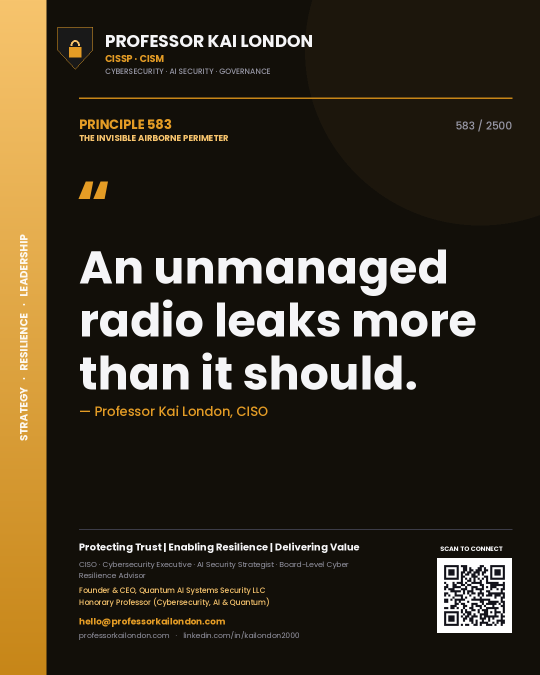 Quote card by Professor Kai London reading 'An unmanaged radio leaks more than it should.'. From the book The Invisible Airborne Perimeter.