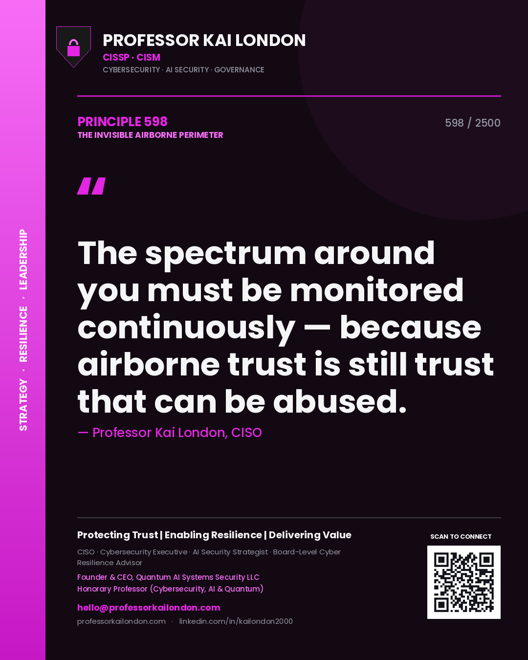 Professor Kai London principle 598: The spectrum around you must be monitored continuously — because airborne trust is still trust that can be abused.
