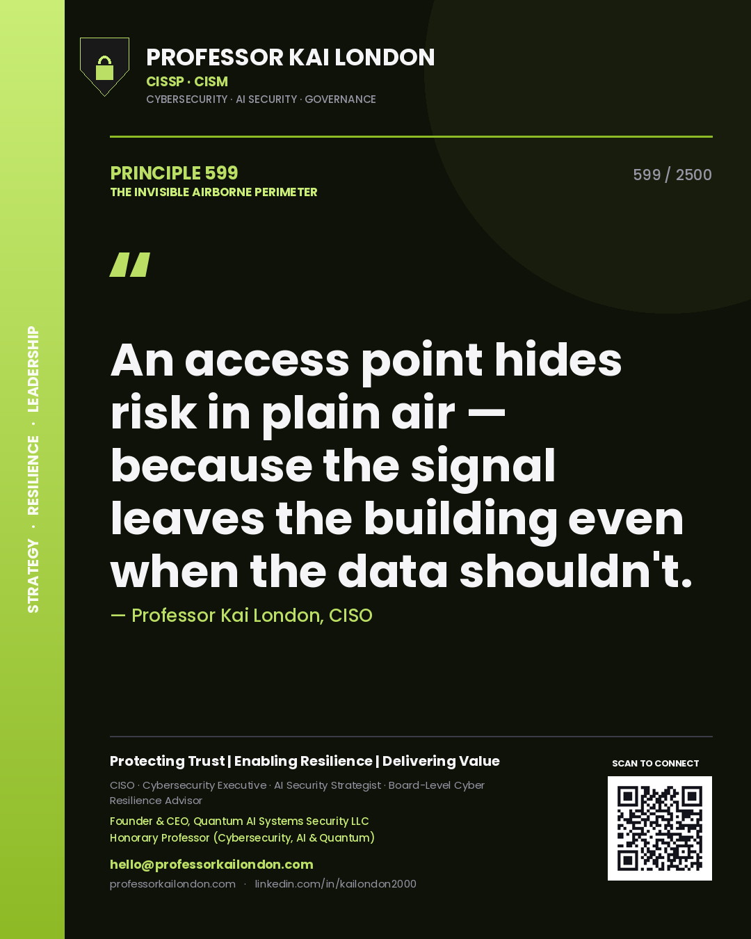 Professor Kai London principle 599: An access point hides risk in plain air — because the signal leaves the building even when the data shouldn't.