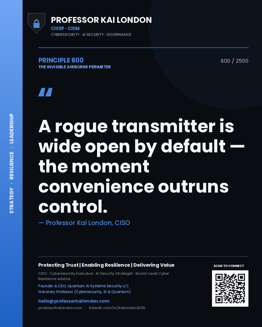 Professor Kai London principle 600: A rogue transmitter is wide open by default — the moment convenience outruns control.