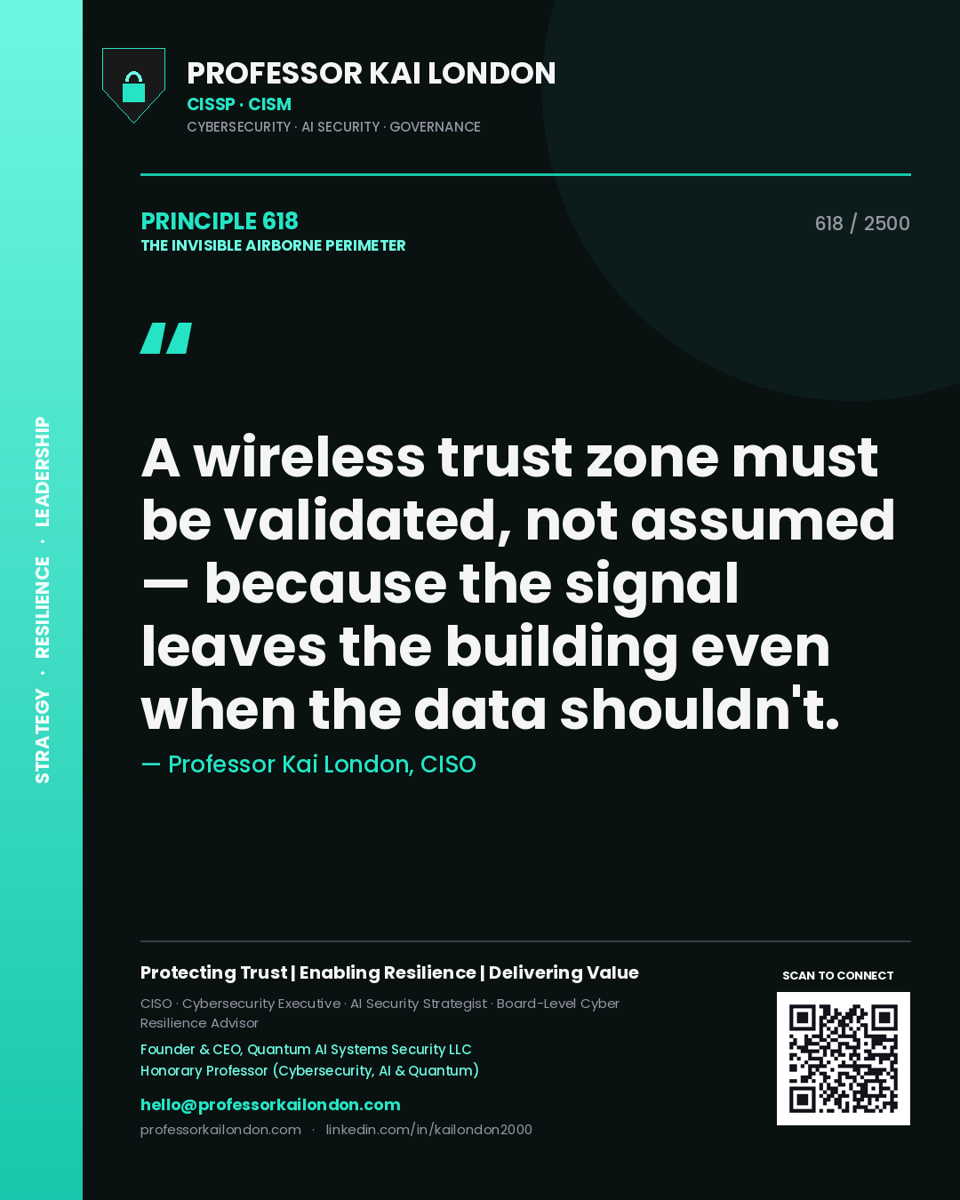 Professor Kai London principle 618: A wireless trust zone must be validated, not assumed — because the signal leaves the building even when the data shouldn't.