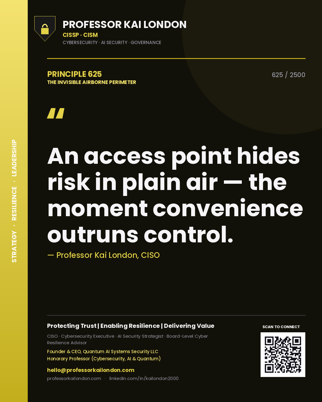 Professor Kai London principle 625: An access point hides risk in plain air — the moment convenience outruns control.