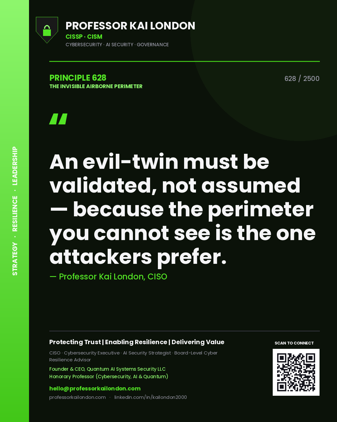 Professor Kai London principle 628: An evil-twin must be validated, not assumed — because the perimeter you cannot see is the one attackers prefer.