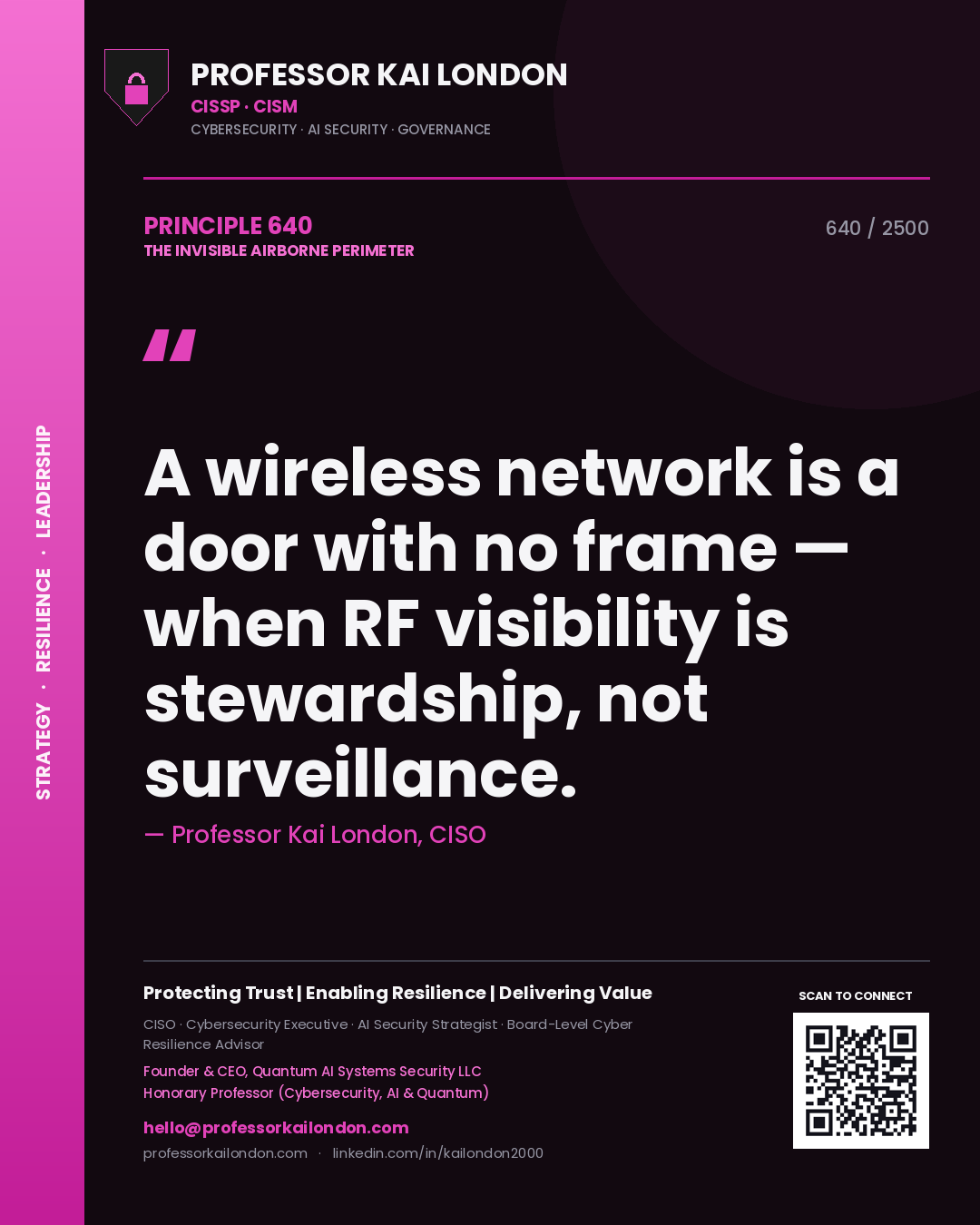 Professor Kai London principle 640: A wireless network is a door with no frame — when RF visibility is stewardship, not surveillance.