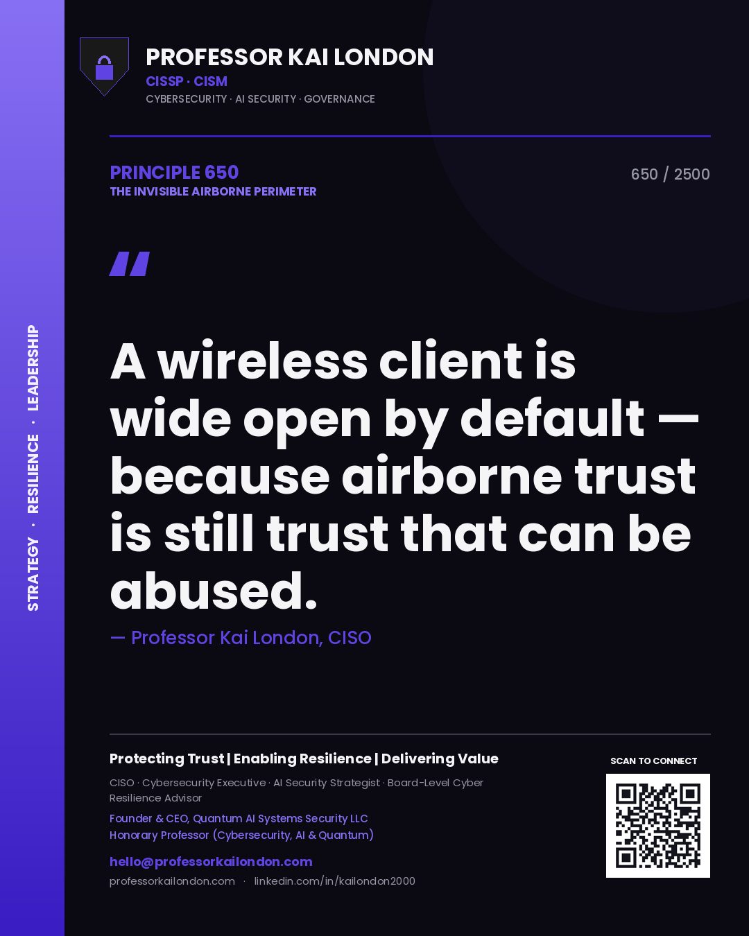Quote card by Professor Kai London reading 'A wireless client is wide open by default — because airborne trust is still trust that can be abused.'. From the book The Invisible Airborne Perimeter.