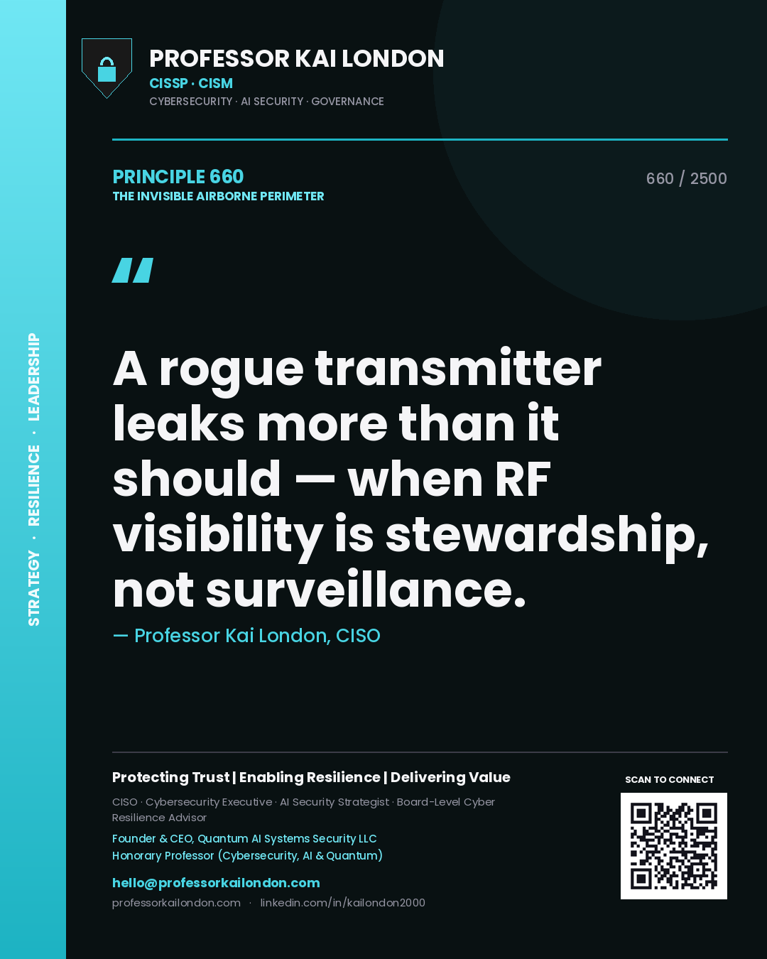 Professor Kai London principle 660: A rogue transmitter leaks more than it should — when RF visibility is stewardship, not surveillance.