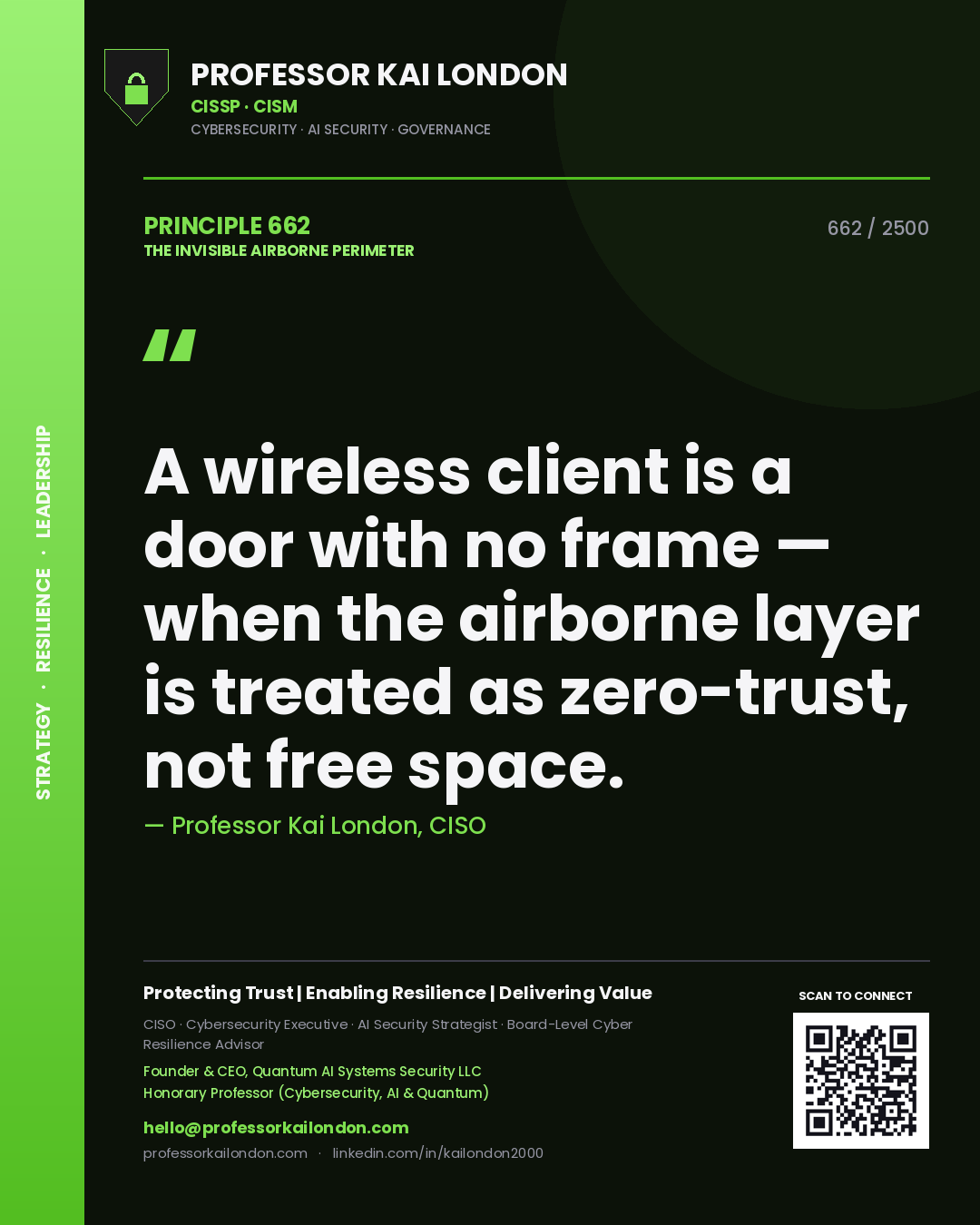 Professor Kai London principle 662: A wireless client is a door with no frame — when the airborne layer is treated as zero-trust, not free space.