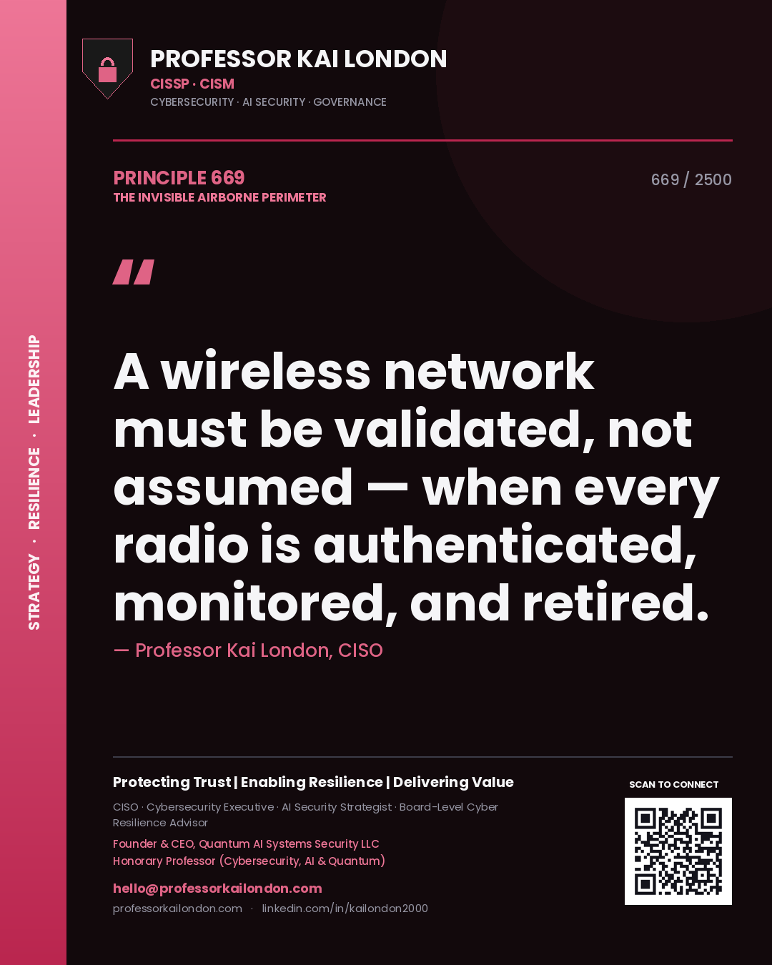 Professor Kai London principle 669: A wireless network must be validated, not assumed — when every radio is authenticated, monitored, and retired.