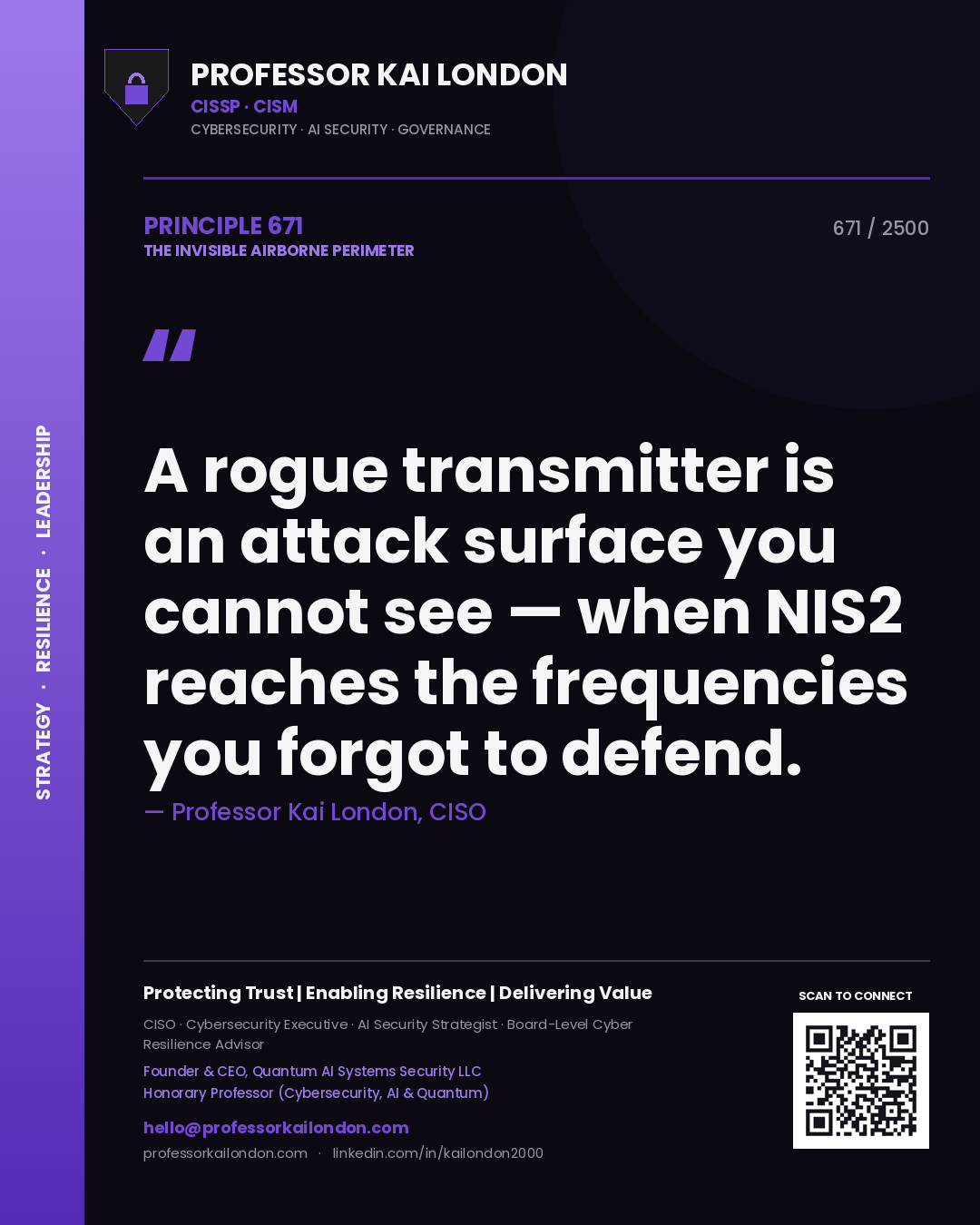 Quote card by Professor Kai London reading 'A rogue transmitter is an attack surface you cannot see — when NIS2 reaches the frequencies you forgot to defend.'. From the book The Invisible Airborne Perimeter.