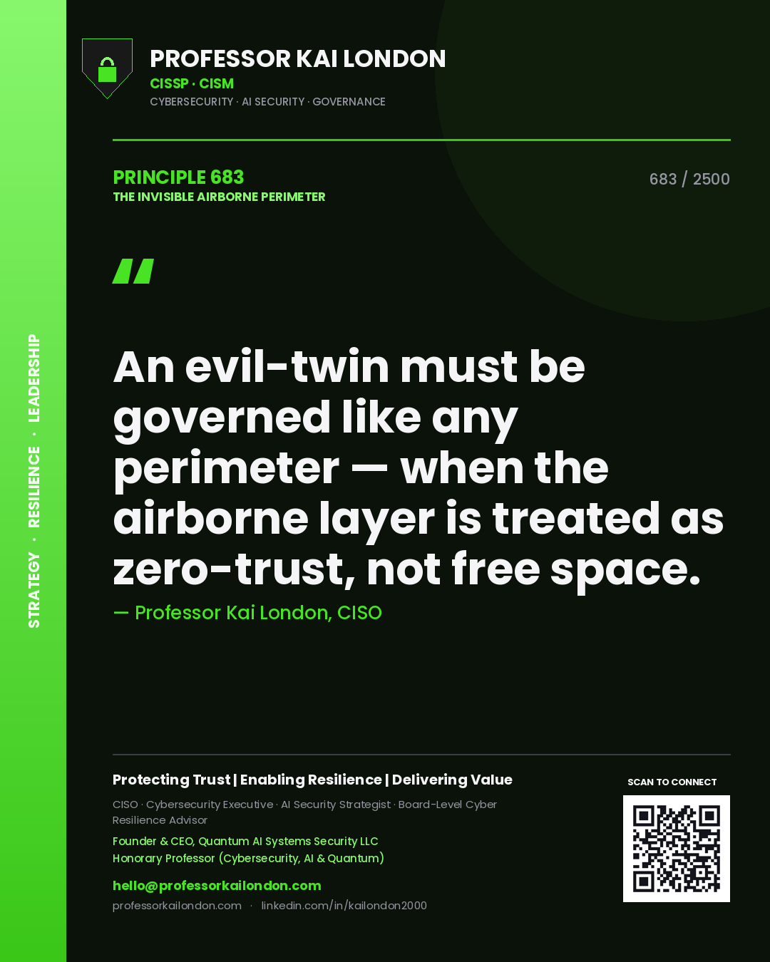 Professor Kai London principle 683: An evil-twin must be governed like any perimeter — when the airborne layer is treated as zero-trust, not free space.